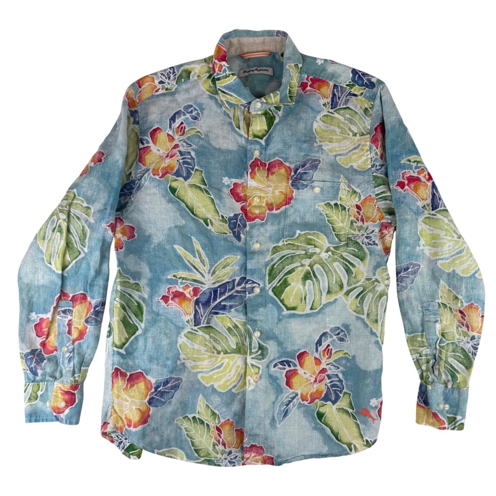 Tommy Bahama Button Down Shirt Mens Small Long Sleeve Blue Tropical Floral Linen